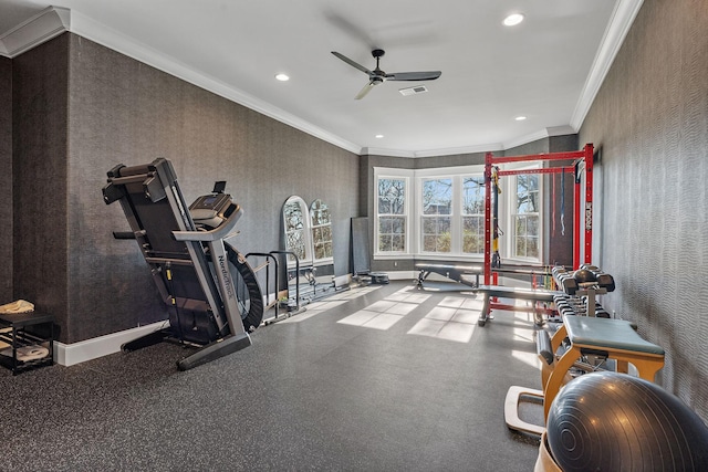 workout area with ceiling fan and ornamental molding