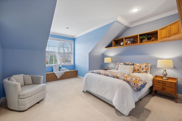 bedroom featuring recessed lighting, light colored carpet, baseboards, vaulted ceiling, and crown molding