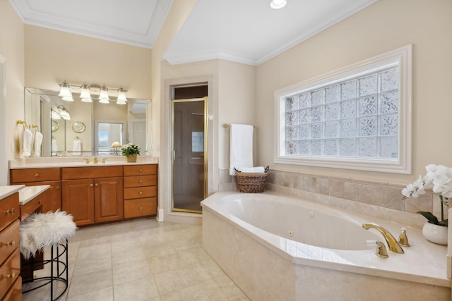 bathroom featuring independent shower and bath, crown molding, tile patterned flooring, and vanity