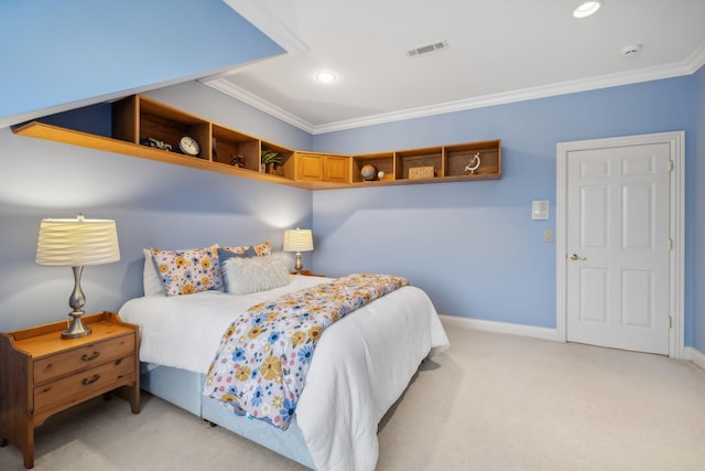 bedroom with recessed lighting, light colored carpet, visible vents, baseboards, and crown molding