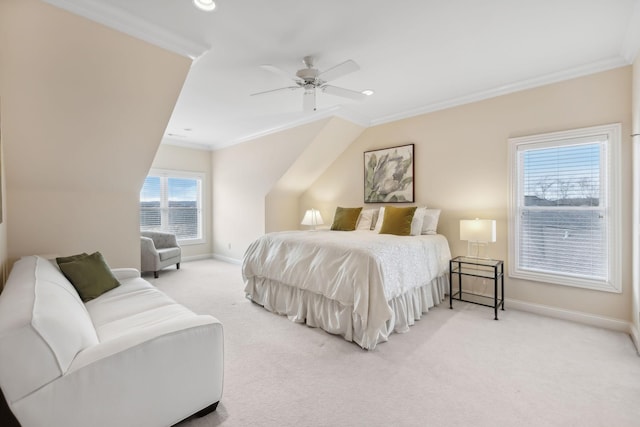 bedroom with baseboards, a ceiling fan, light colored carpet, ornamental molding, and recessed lighting