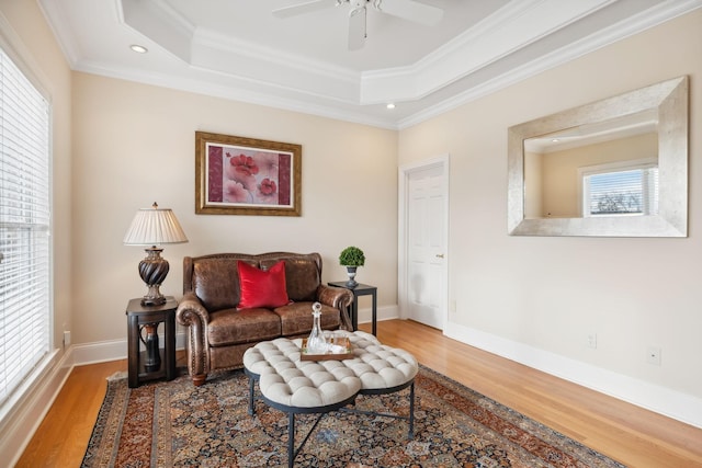 living room featuring ornamental molding, wood finished floors, and a raised ceiling