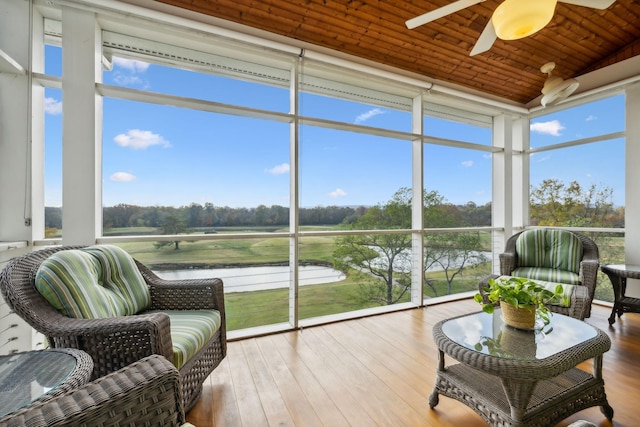 sunroom with wooden ceiling, ceiling fan, and a water view