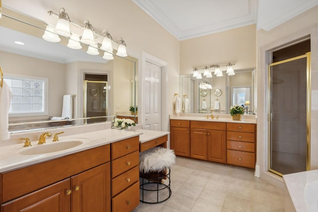 bathroom featuring vanity, crown molding, and shower with separate bathtub