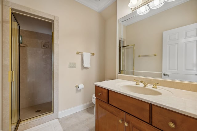 full bathroom with toilet, vanity, baseboards, a shower stall, and tile patterned floors