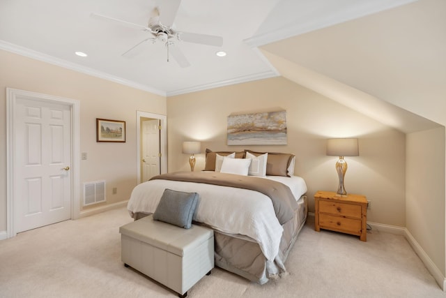 bedroom with light colored carpet, visible vents, ornamental molding, a ceiling fan, and baseboards