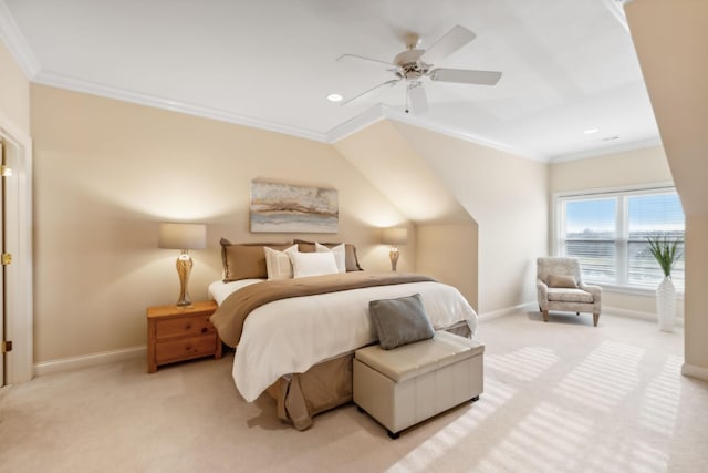 bedroom featuring light carpet, baseboards, ornamental molding, and a ceiling fan