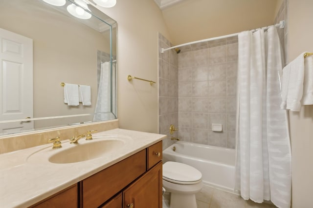 full bathroom with vanity, shower / tub combo, tile patterned floors, and toilet