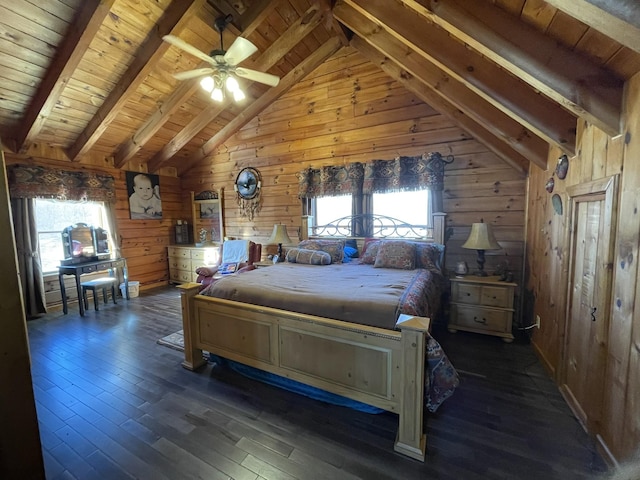 unfurnished bedroom with wooden walls, lofted ceiling with beams, and dark hardwood / wood-style floors