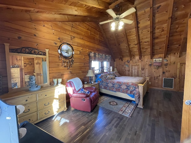 bedroom with dark wood-type flooring, lofted ceiling with beams, wooden walls, and wooden ceiling