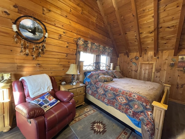 bedroom featuring lofted ceiling with beams, dark hardwood / wood-style floors, wood ceiling, and wood walls