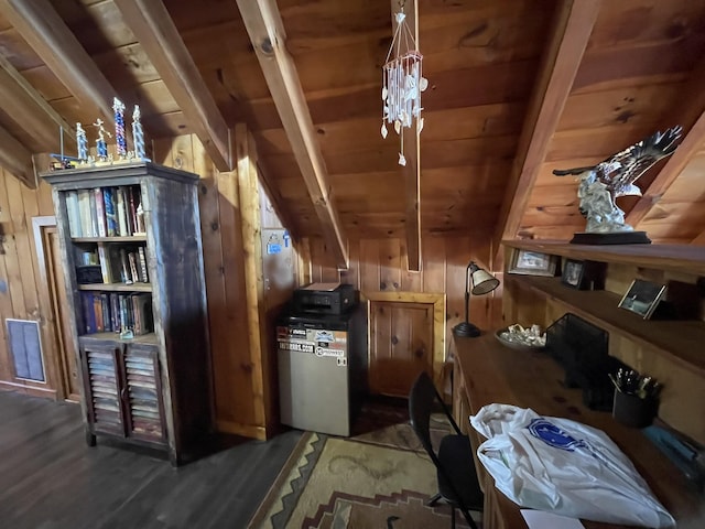 hall featuring wooden ceiling, wooden walls, wood finished floors, visible vents, and beamed ceiling