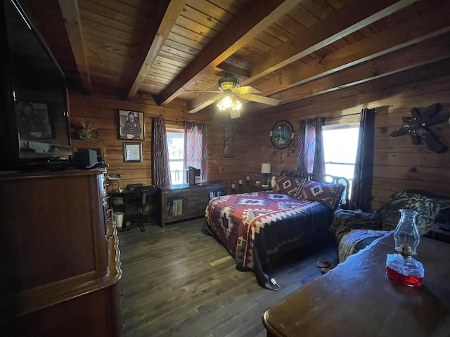 bedroom featuring ceiling fan, wooden walls, wood finished floors, wood ceiling, and beam ceiling