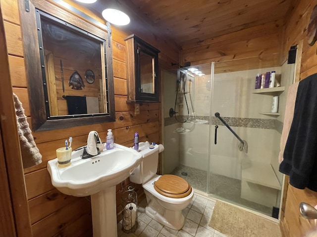 bathroom with a stall shower, wood ceiling, wood walls, and toilet