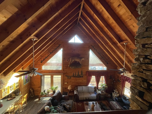 unfurnished living room with dark wood-type flooring, wooden walls, high vaulted ceiling, and beamed ceiling