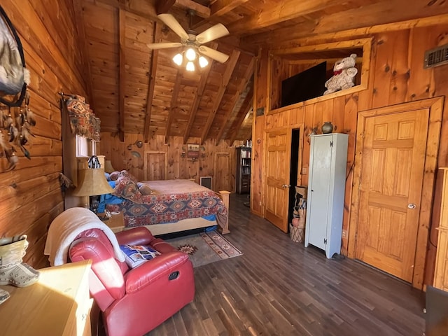 bedroom with vaulted ceiling with beams, dark wood-type flooring, wooden ceiling, and wood walls