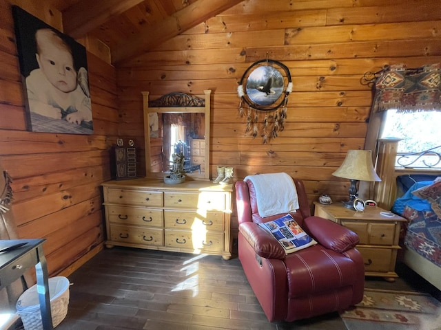 living area with vaulted ceiling, dark wood-type flooring, and wooden walls