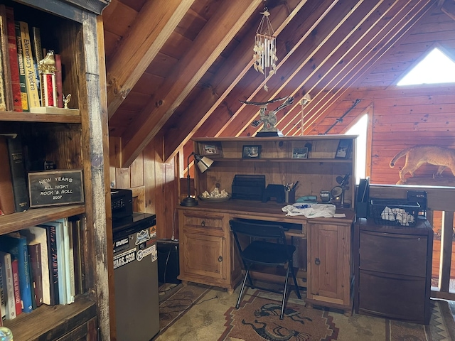 office with vaulted ceiling with beams, wood ceiling, and wood walls