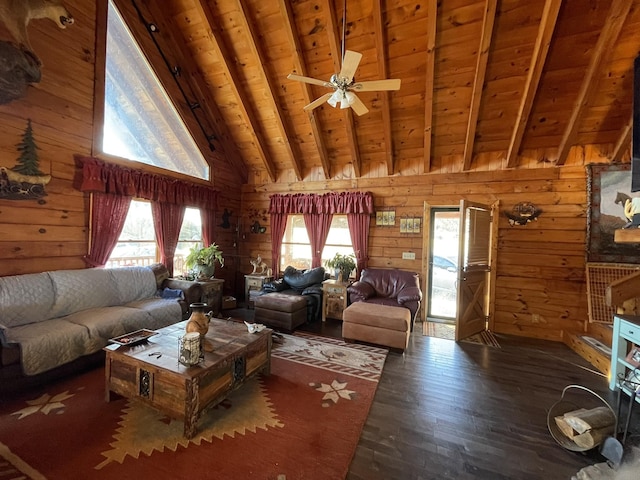 living room featuring beam ceiling, wood ceiling, wooden walls, wood finished floors, and high vaulted ceiling