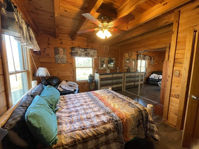 bedroom with beamed ceiling, wooden ceiling, and wooden walls