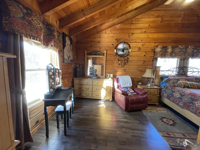 bedroom featuring wood ceiling, vaulted ceiling with beams, wooden walls, and wood finished floors