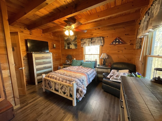 bedroom featuring beam ceiling, wood ceiling, wooden walls, and dark wood-style flooring