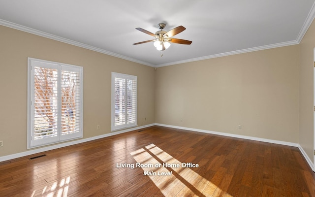 unfurnished room featuring hardwood / wood-style floors, ornamental molding, and ceiling fan