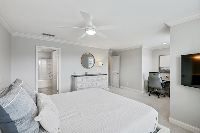 carpeted bedroom featuring connected bathroom, ornamental molding, and ceiling fan