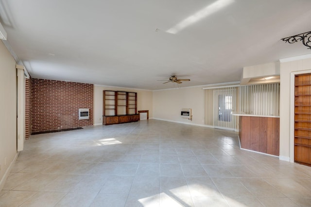 unfurnished living room with heating unit, light tile patterned floors, ornamental molding, ceiling fan, and brick wall