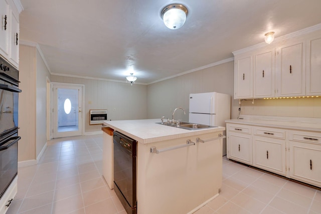 kitchen featuring heating unit, white cabinets, ornamental molding, black appliances, and a center island with sink