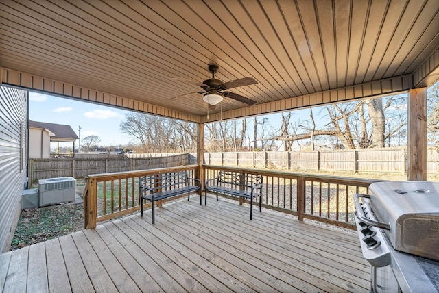 wooden terrace featuring area for grilling, central AC, and ceiling fan