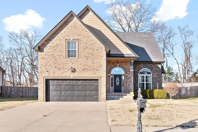 front facade with a garage and a front yard