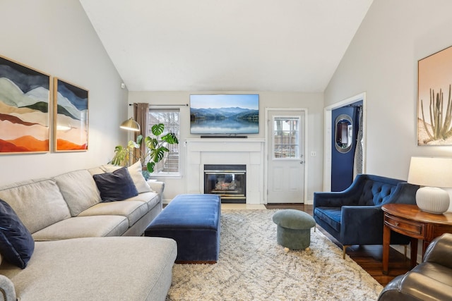 living room featuring lofted ceiling and hardwood / wood-style floors