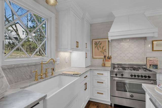 kitchen with stainless steel range, custom exhaust hood, ornamental molding, and white cabinets