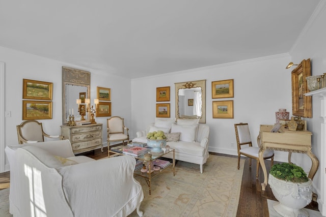 living room with crown molding and light wood-type flooring