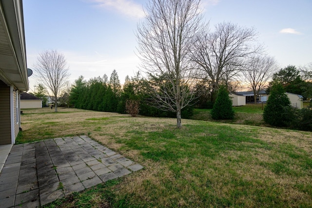 yard at dusk featuring a patio area