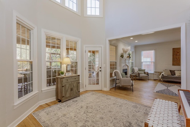 sitting room with hardwood / wood-style flooring, ornamental molding, and a high ceiling