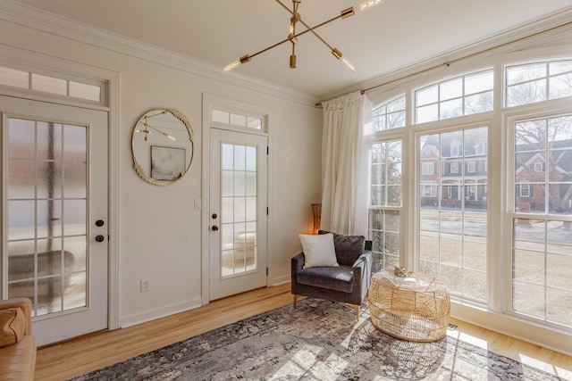 doorway featuring ornamental molding, wood-type flooring, and a wealth of natural light