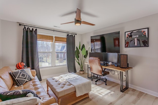 office area featuring ceiling fan and light wood-type flooring