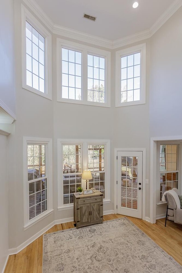 living room with ornamental molding, light hardwood / wood-style floors, a high ceiling, and plenty of natural light