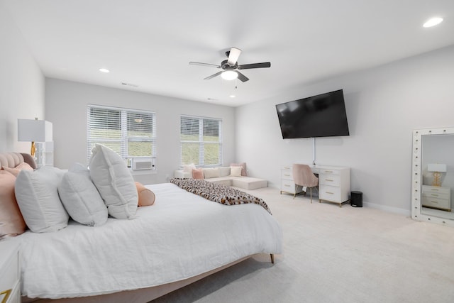 bedroom featuring recessed lighting, carpet flooring, visible vents, baseboards, and a ceiling fan