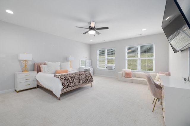 bedroom with recessed lighting, light colored carpet, visible vents, a ceiling fan, and baseboards