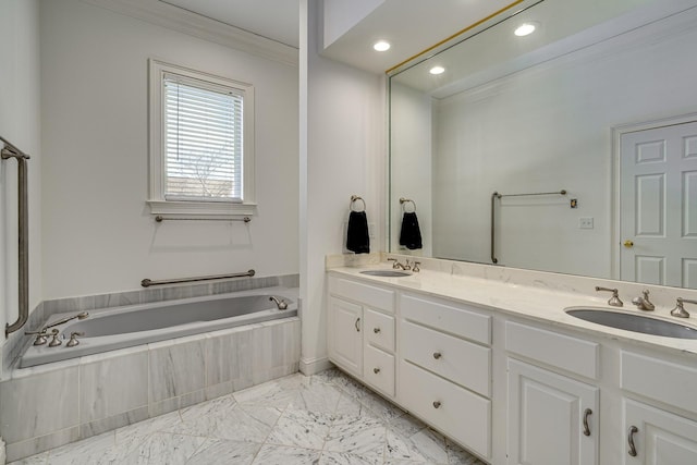 bathroom with vanity and crown molding