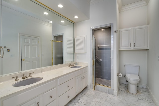 bathroom featuring walk in shower, vanity, crown molding, and toilet