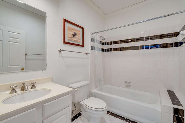 full bathroom featuring shower / tub combo with curtain, crown molding, tile patterned flooring, vanity, and toilet