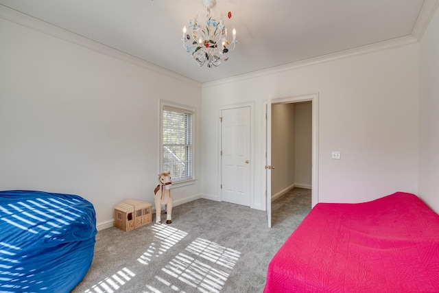 carpeted bedroom with an inviting chandelier and crown molding