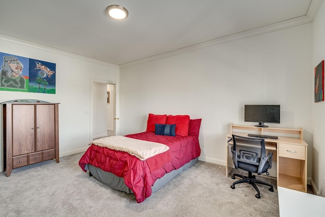 carpeted bedroom featuring crown molding