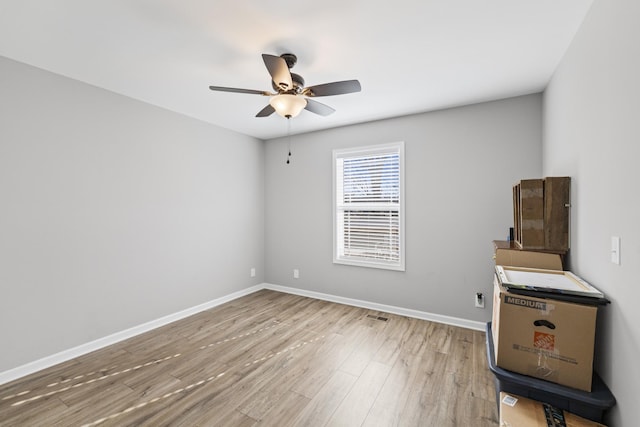 empty room with hardwood / wood-style flooring and ceiling fan