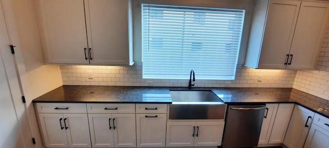 kitchen with white cabinetry, sink, backsplash, and dishwasher