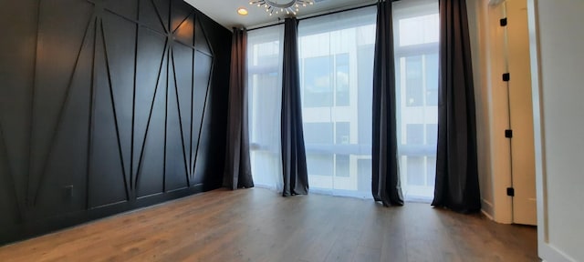 empty room featuring wood-type flooring and a wall of windows